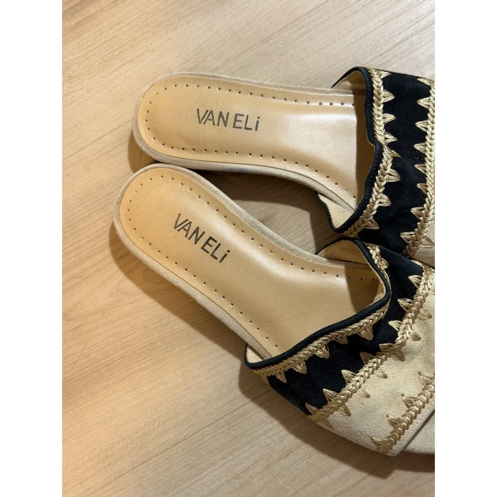 Vaneli Slides Tan Black 7.5 M Women Embroidered Suede Flat Sandals